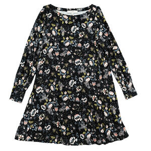 Loft Black Floral Long Sleeve Button Cuffs Crew Neck Midi Dress Extra Small